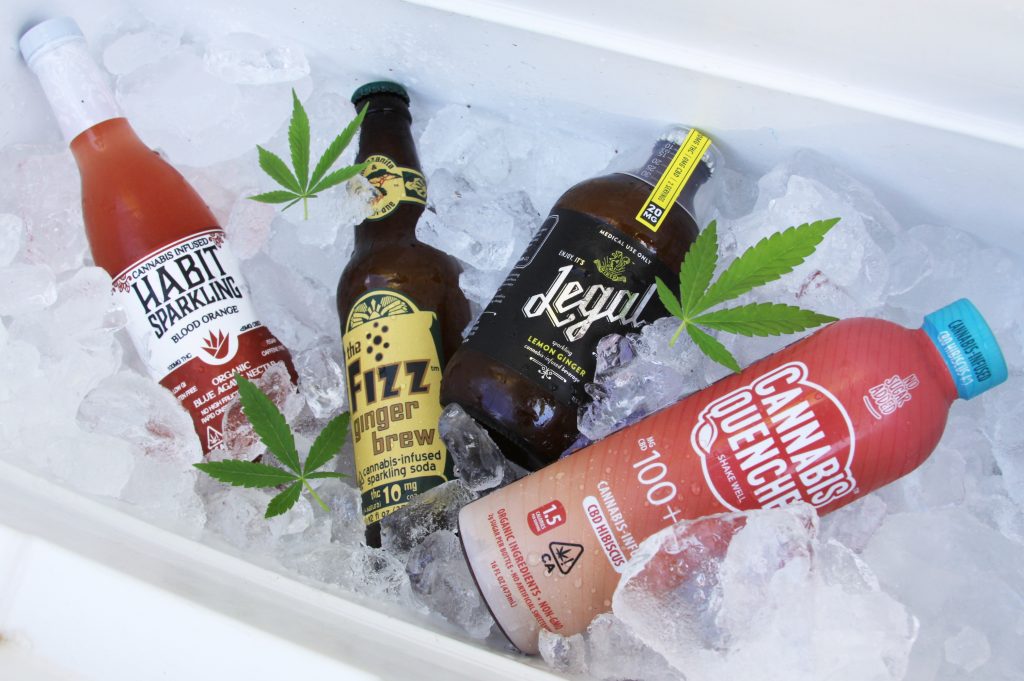 A variety of cannabis beverages on ice.