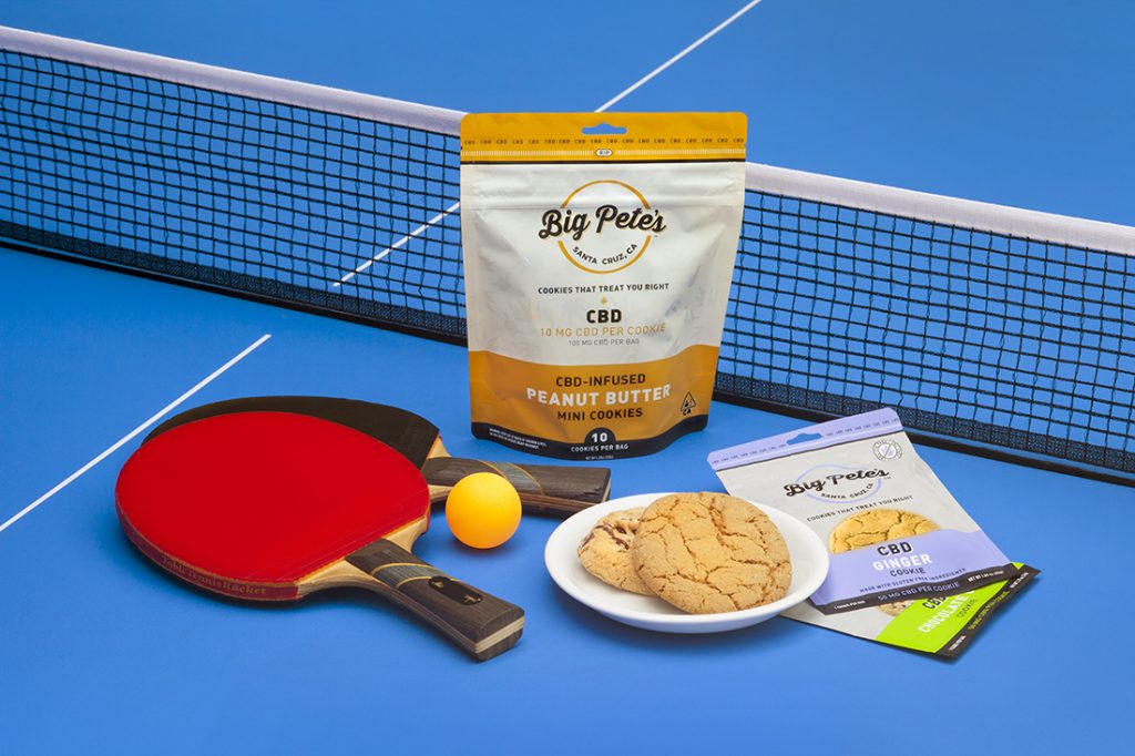 Package of Big Pete's Treats CBD cookies on a ping-pong table.